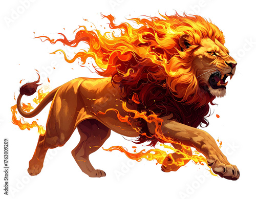 A majestic lion galloping fiercely with an angry expression, its mane and tail transformed into brilliant, flowing flames.