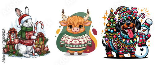 Charming christmas character groupings for festive holiday designs and greetings