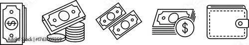 Money icon set, paper bills and wallet illustration, financial symbol collection, black and white vector, banking and currency graphics