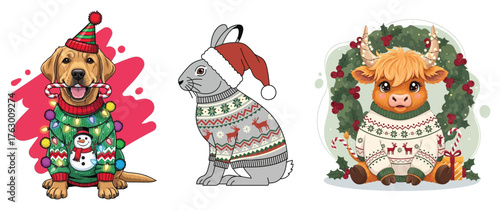 Festive christmas pets and characters featuring dogs cats and sheep wearing holiday attire