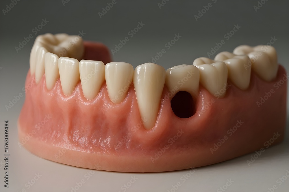 Obraz premium Realistic Dental Model with Missing Tooth in Lower Jaw – Educational Oral Surgery Reference