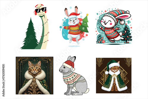 Festive christmas characters featuring animals and people in holiday attire