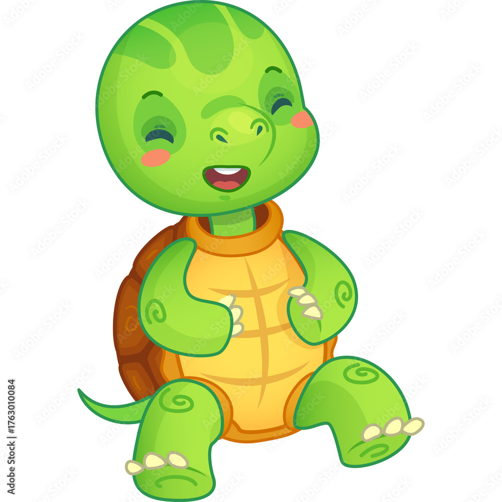 Fototapeta premium Cute cartoon baby turtle character sitting happily with a smiling face and closed eyes green body orange shell transparent background high detail vector illustration