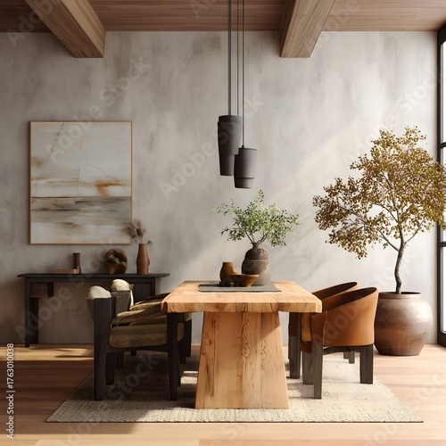 Modern Comfortable Dining Room with Wooden Table and Green Plant