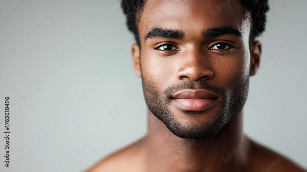 Obraz premium Portrait of a young male afro american model, age 25, attractive man, publicity poster for skin care. Copy space available. gray background.