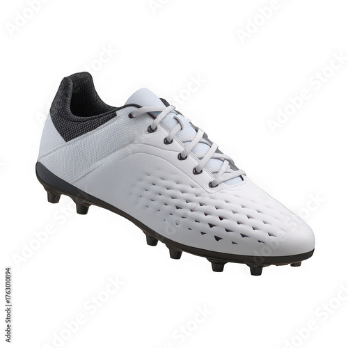 A clean white athletic cleat shoe with black accents and laces designed for sports performance isolated on transparent background
