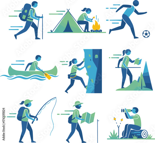 A Flat Vector Icon Set of Outdoor Activities, Adventure, and Camping