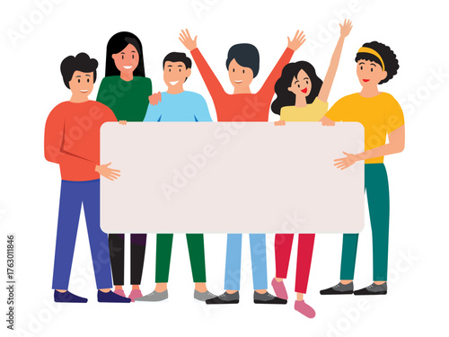 happy excited group of people holding sign