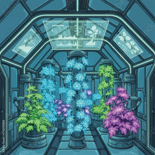 Futuristic Plant Laboratory: Explore the cutting-edge fusion of science and nature, inside a futuristic laboratory designed to cultivate vibrant plants under advanced conditions.