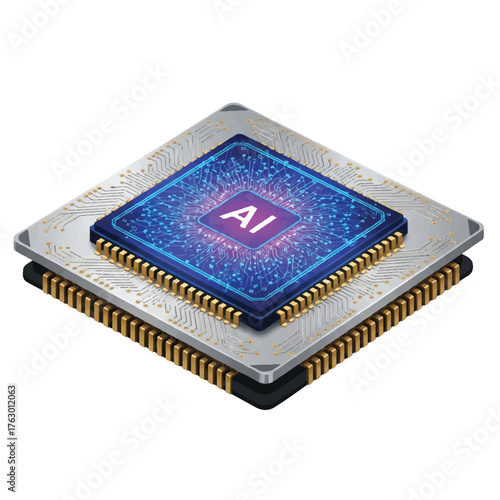 AI Chip Innovation: An artistic representation of a central processing unit (CPU) chip, radiating futuristic AI innovation and technological progress.