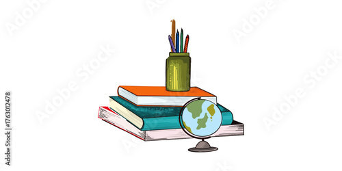 school supplies on white background.