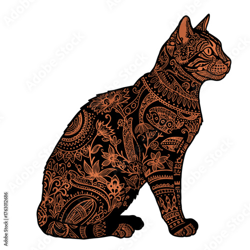 An elegantly illustrated cat silhouette, adorned with intricate, hand-drawn paisley and floral patterns in warm earthen tones, sits gracefully.