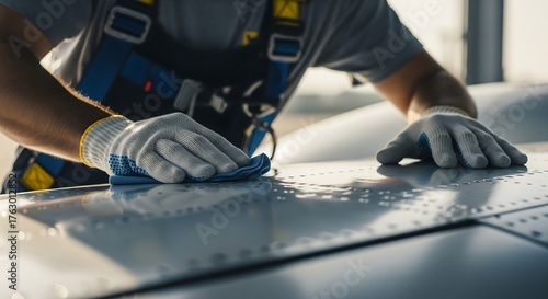 Person cleaning aircraft exterior maintenance mechanic