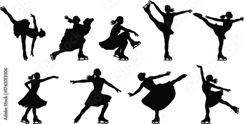 Figure Skaters Women Silhouettes Set, Dancing, Posing, Performance, Winter Sports, Elegant Athlete Vector Graphic Illustration