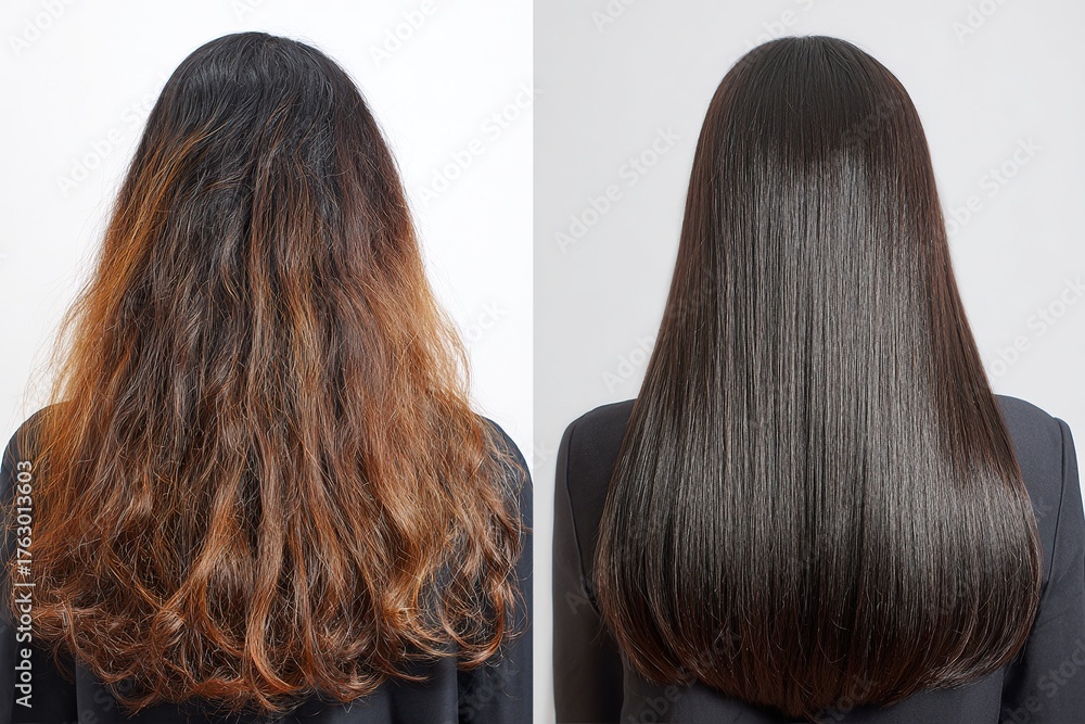 Fototapeta premium Woman with frizzy damaged hair showing keratin treatment result smooth straight hair back view