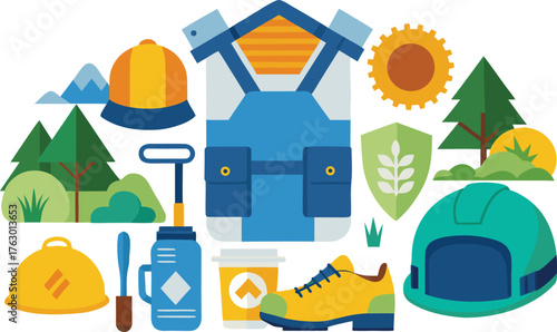 Outdoor adventure gear and natural elements create a vibrant, modern flat design for outdoor enthusiasts and environmental projects, sparking exploration