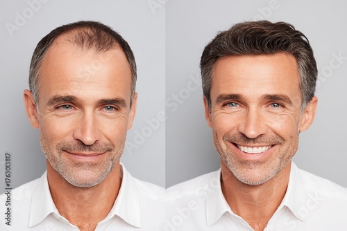 Mature man with male pattern baldness showing hair restoration treatment results before and after