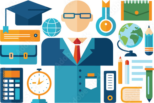 Flat design illustration of a teacher with educational tools like globe, clock, calculator, books, pencils, and graduation hat for back to school concept