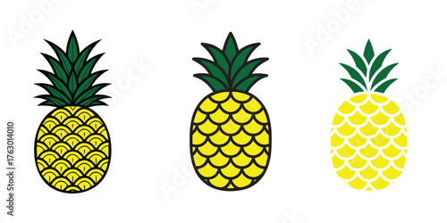 Tropical Pineapple Icons Set – Fresh Summer Fruit Illustration in Flat Vector Style