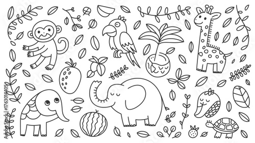 Playful jungle animal doodles with tropical plants create a cheerful coloring page for kids, perfect for educational resources and fun activity books