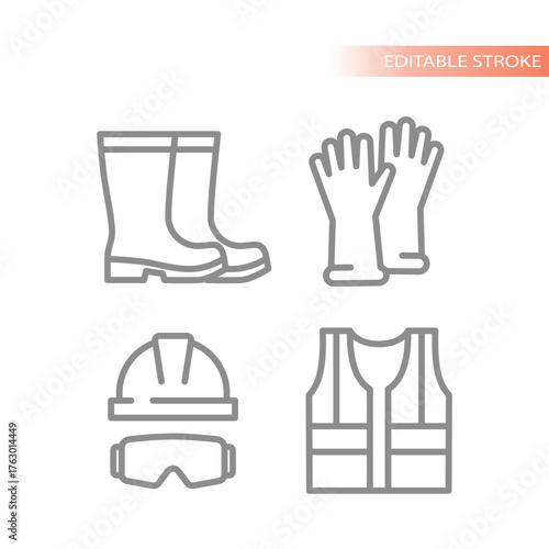 Ppe or personal protective equipment with boots and gloves line icons. Hardhat or helmet and protection vest workwear icon vector set.