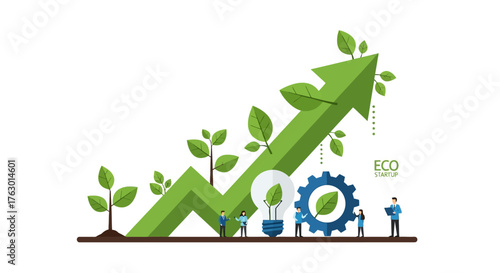 Green arrow graph with plants, lightbulb, gear, and people representing eco startup growth