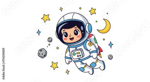 Cute Cartoon Child Astronaut Floating in Space with Stars
