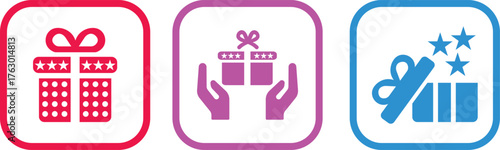 Gift Box Icon set. A modern gift box icon with sleek lines and ribbon details, designed in vector style. Surprising gift box signs, vector illustration. Present symbol, logo illustration.