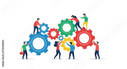 Diverse team collaborating to assemble colorful interlocking gears