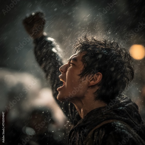 Young man expressing emotions during a rainstorm in the city