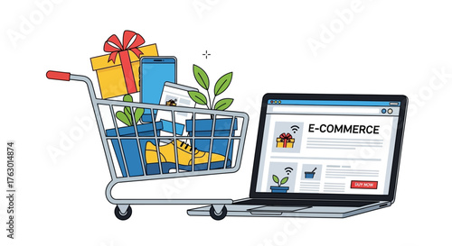 E-commerce Shopping Cart and Laptop Illustration with Gifts