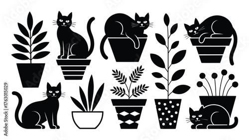 Charming black cats nestled amongst potted plants in a cute monochrome illustration, perfect for adding a playful touch to your project, vector art