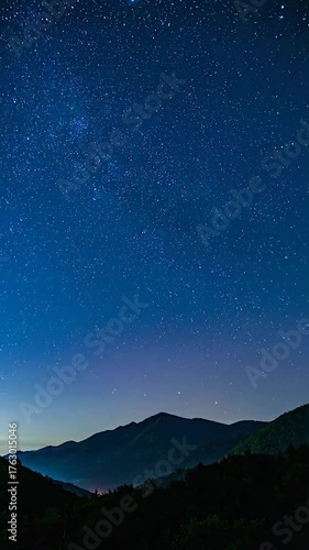 Vast dark blue night sky illuminated by innumerable stars, hovering above silhouetted mountains and trees