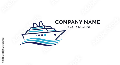 Stylized cruise ship logo design template on ocean waves.