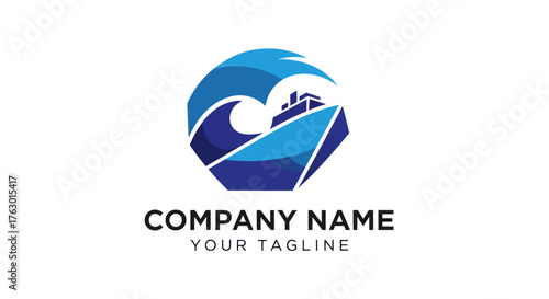 Blue ship sailing through ocean waves logo design for company.