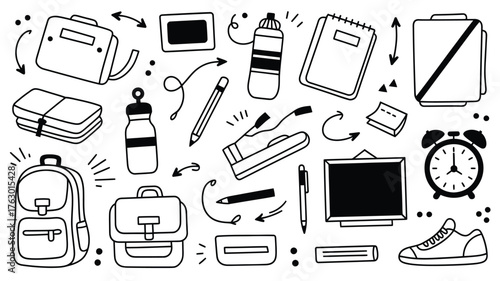 Get organized with this fun school and office supply doodle set featuring backpacks, notebooks, and more perfect for back to school projects!