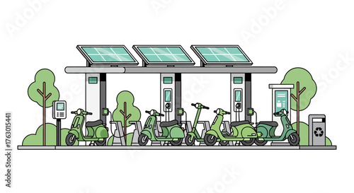 Green Electric Scooters Parked at a Solar Charging Station