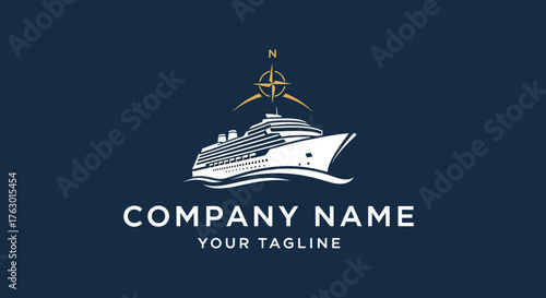 Elegant Cruise Ship Sailing on Wavy Waters with Compass Emblem.