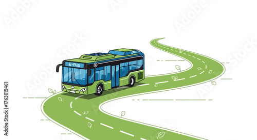Green E-Bus on Winding Road with Leaf Accents Illustration