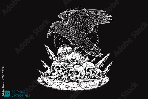 Raven Perched on a Pile of Skulls and Bones.