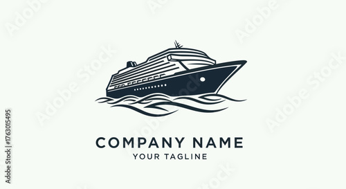 Monochrome cruise ship logo design on ocean waves.