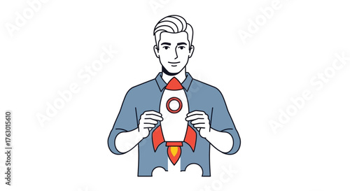Illustrated Man Holding Launching Rocket Symbolizing Business Startup Success