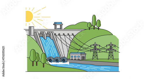 Hydroelectric Dam with Water Turbines and Power Lines, Generating Renewable Energy