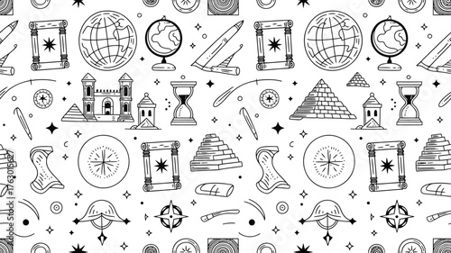 Explore the world with this captivating travel pattern featuring iconic landmarks, antique scrolls and celestial inspiration for adventure seekers