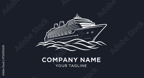Monochrome cruise ship emblem for a travel company logo.