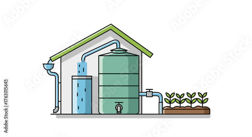 Illustration of a rainwater harvesting system supplying water to plants