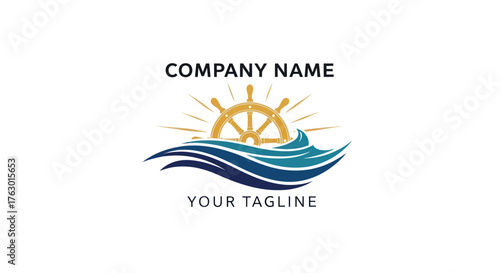 Nautical Logo with Ship Wheel Sun and Waves.