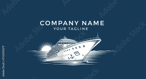 Elegant cruise ship sailing on the ocean with the sun rising in the background.