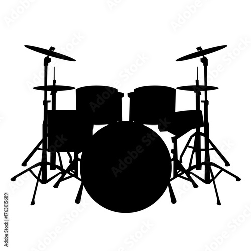 Isolated black drum kit set vector silhouette illustration of a musical percussion instrument on white for rock music studio equipment