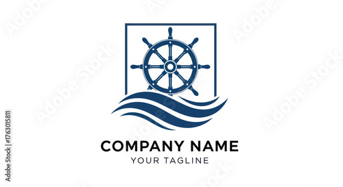 Nautical ship helm logo with ocean waves for company branding.